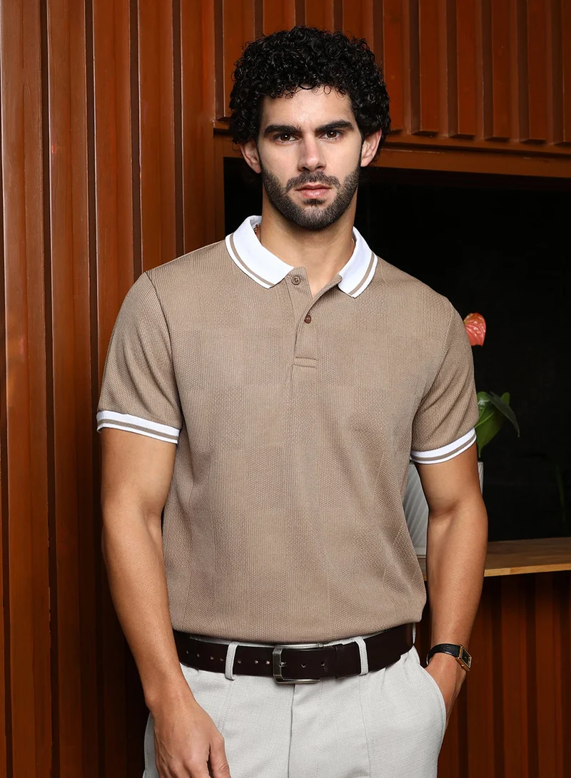Campus Sutra Men's Sand Beige Cuboid-Stripe Polo T-Shirt For Casual Wear | Polo Neck | Short Cuffed Sleeves | Half-Button Closure | T-Shirt Crafted With Comfort Fit For Everyday Wear