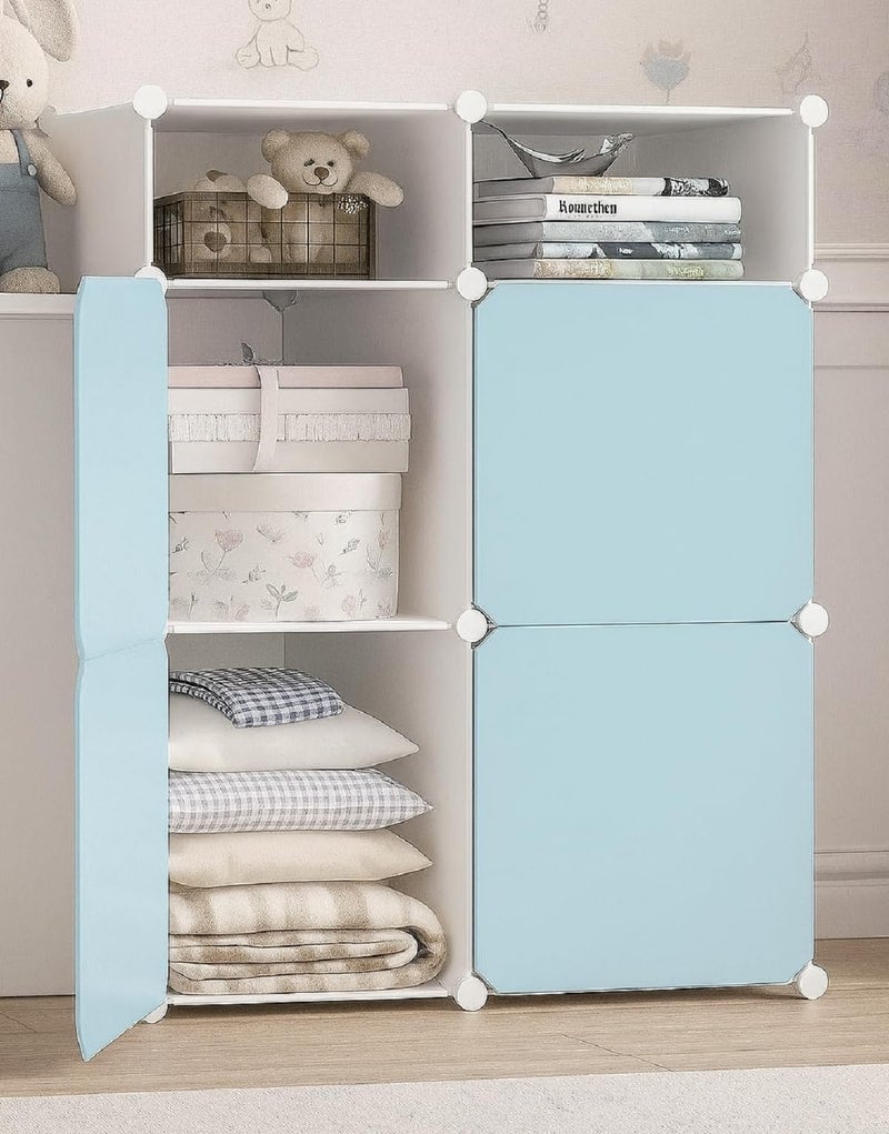 EXVITO 12 Door Kids Plastic Wardrobe for Clothes, Foldable Plastic Almirah for Clothes, Collapsible Wardrobe for Storage, Baby Cupboard for Clothes Storage - (Blue, 4 Door) - Image 1