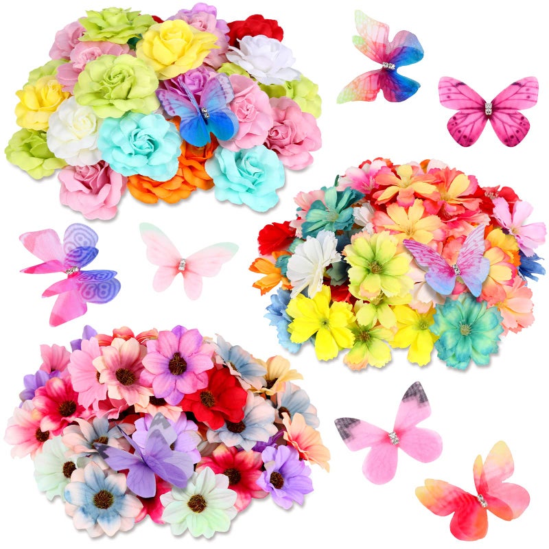 Giegxin Faux Flower Heads Artificial Silk Daisy Rose Flowers Mini Flower Heads for Crafts 3D 2 Layers Organza Butterflies for Car Cake Wedding Party Decoration Fresh Style 213 Pcs