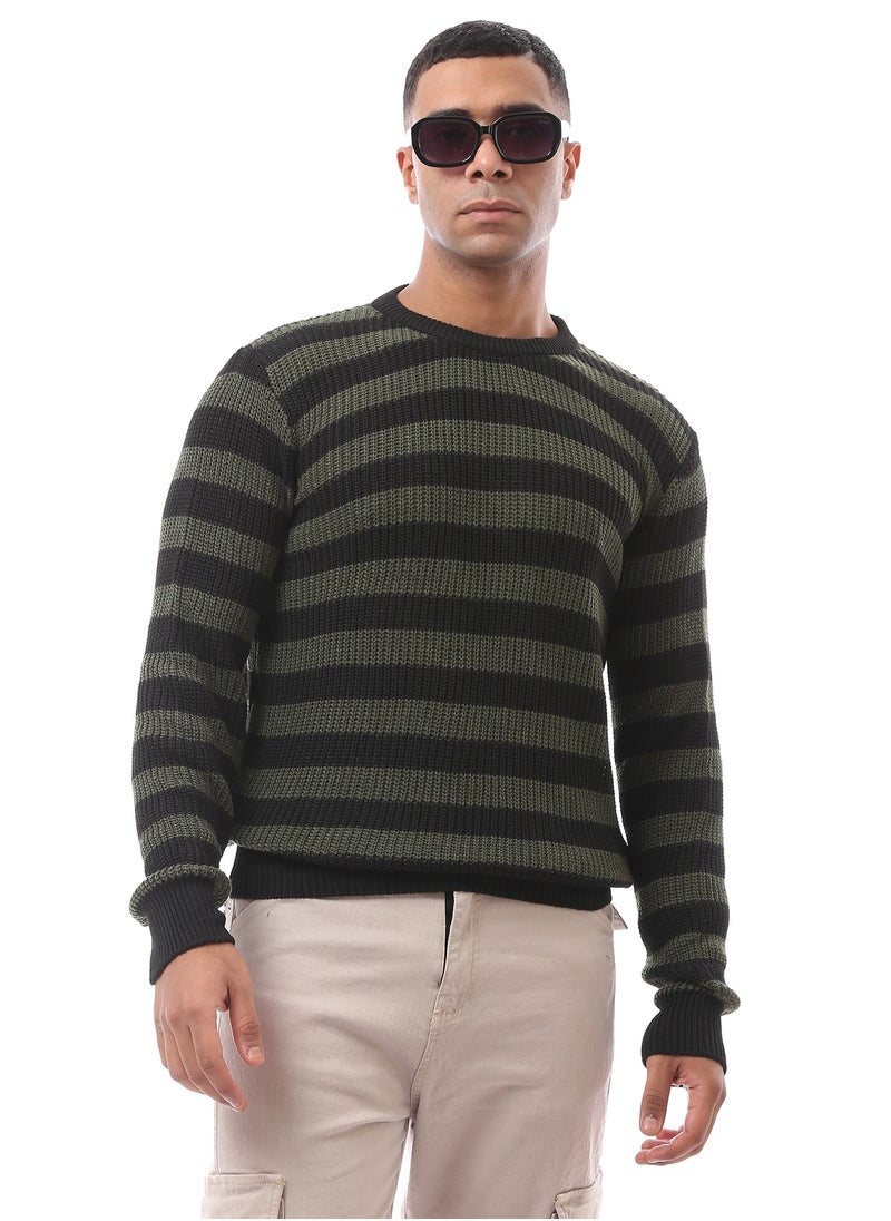RAVIN Bi-Tone Stripes Black & Dark Olive Slip On Pullover  - Image 1