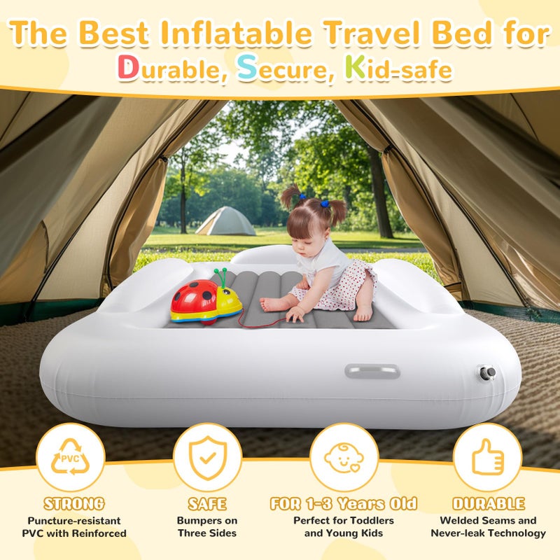 Abdtech Inflatable Toddler Travel Bed - Portable Toddler Kids Travel Bed with Safety Sides Complete Kids Air Mattress Set with High-Speed Pump, Ideal for Vacation Camping and Sleepover (60 Inches) - Image 2