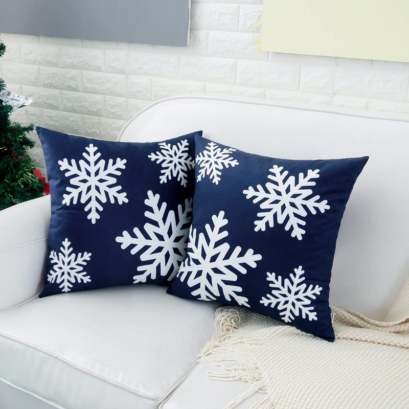 Hwy 50 Navy Blue Decorative Displow Coverings 16 × 16 بوصة لأريكة أريكة غرفة المعيشة سرير ناعم مربع وسائد الحالات تغطية وسادة مع حزمة الثلج عيد الميلاد من 2 - Image 1