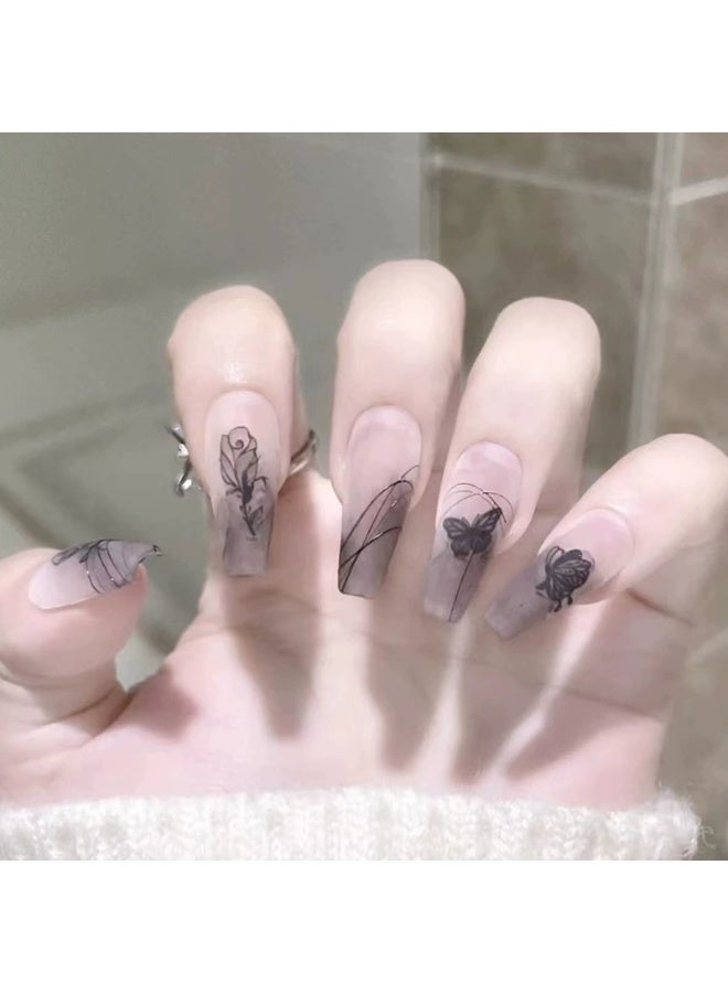 Goolsky Ink Rose Butterfly Dark Style Press-on Nails for Artistic Occasions & Edgy Daily Looks - Image 1