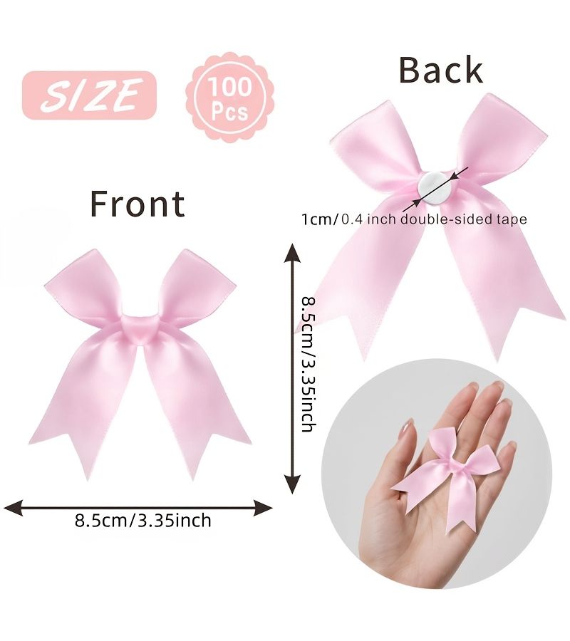 Pink 100pcs Elegant Polyester Gift Bow with Adhesive Tape for Wrapping Party Wedding Birthday Christmas Holiday - Image 5