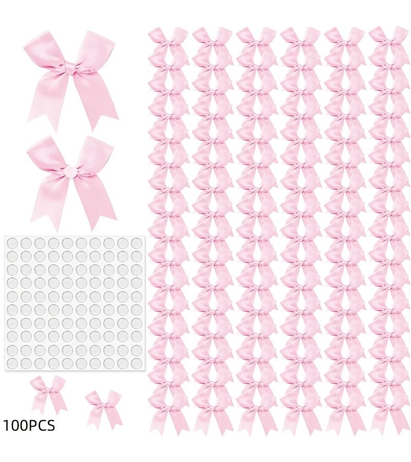 Pink 100pcs Elegant Polyester Gift Bow with Adhesive Tape for Wrapping Party Wedding Birthday Christmas Holiday - Image 4