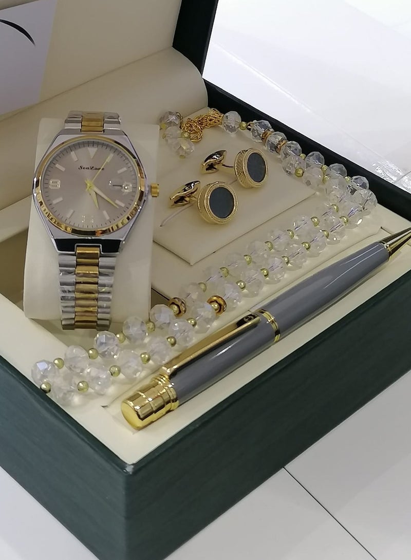 طقم ساعة رجالية من 4 قطع ساعة يد مع قلم ومجموعة من الأزرار والمسبحة - Image 1