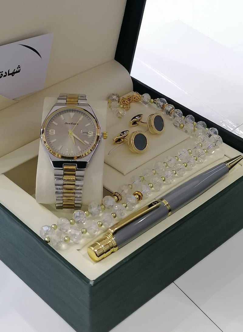 طقم ساعة رجالية من 4 قطع ساعة يد مع قلم ومجموعة من الأزرار والمسبحة - Image 2