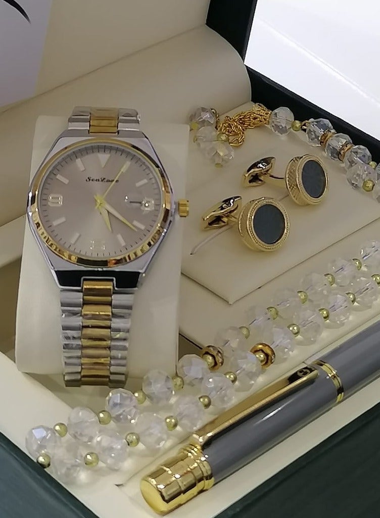 طقم ساعة رجالية من 4 قطع ساعة يد مع قلم ومجموعة من الأزرار والمسبحة - Image 3