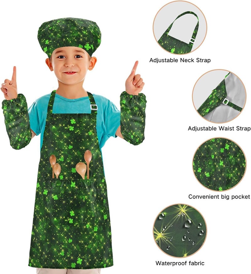 Kids Chef Hat Apron Set Adjustable St. Patrick's Day Gleaming Luck Kids Apron Chef Hat Set for Kids Toddlers 3-12 Years Old - Image 4