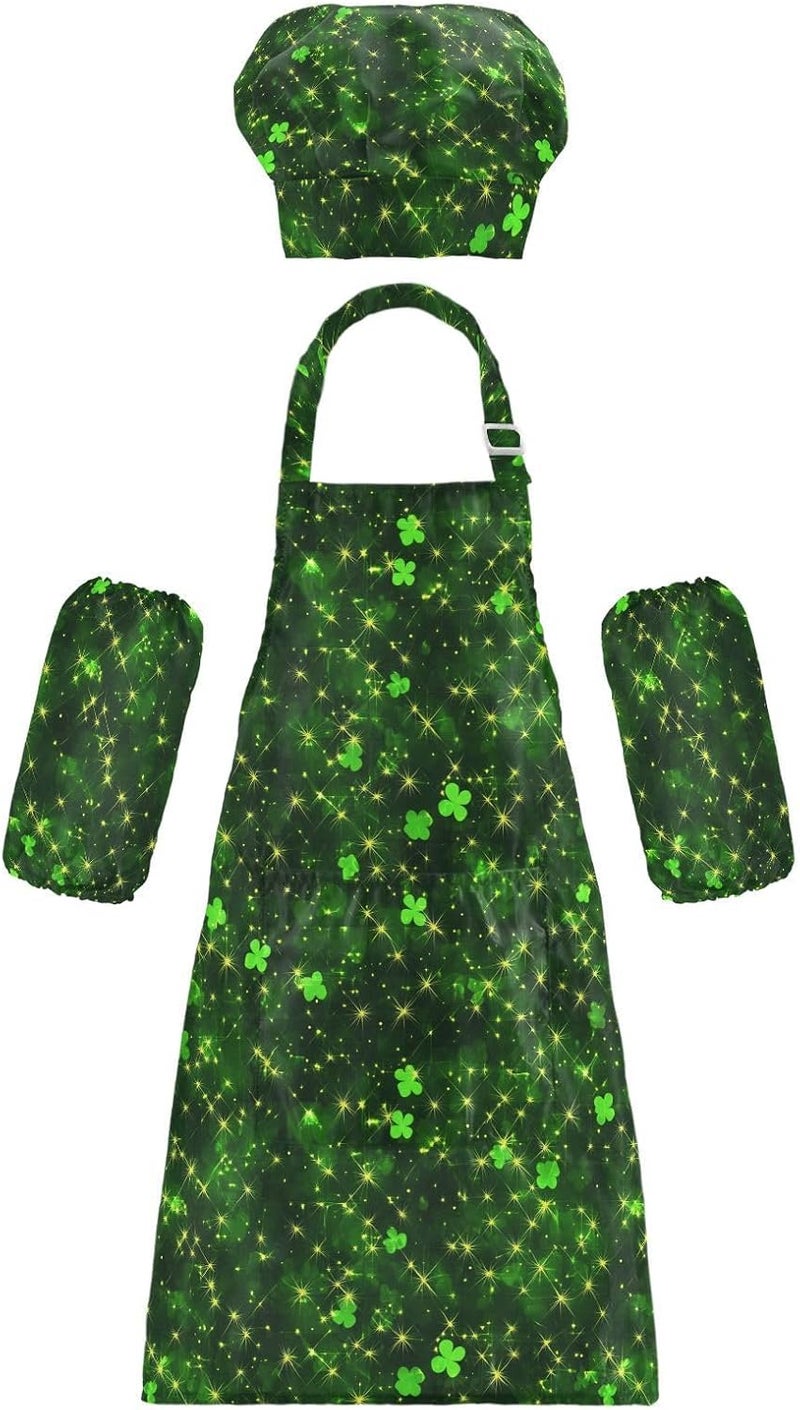 Kids Chef Hat Apron Set Adjustable St. Patrick's Day Gleaming Luck Kids Apron Chef Hat Set for Kids Toddlers 3-12 Years Old - Image 1