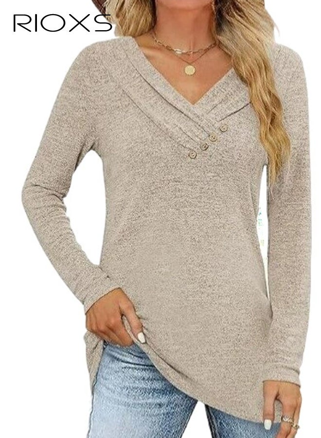 RIOXS Women's Fall Long Sleeve Tunic Tops, Comfortable Soft V Neck Button Casual Blouse Sweatshirt - Image 1