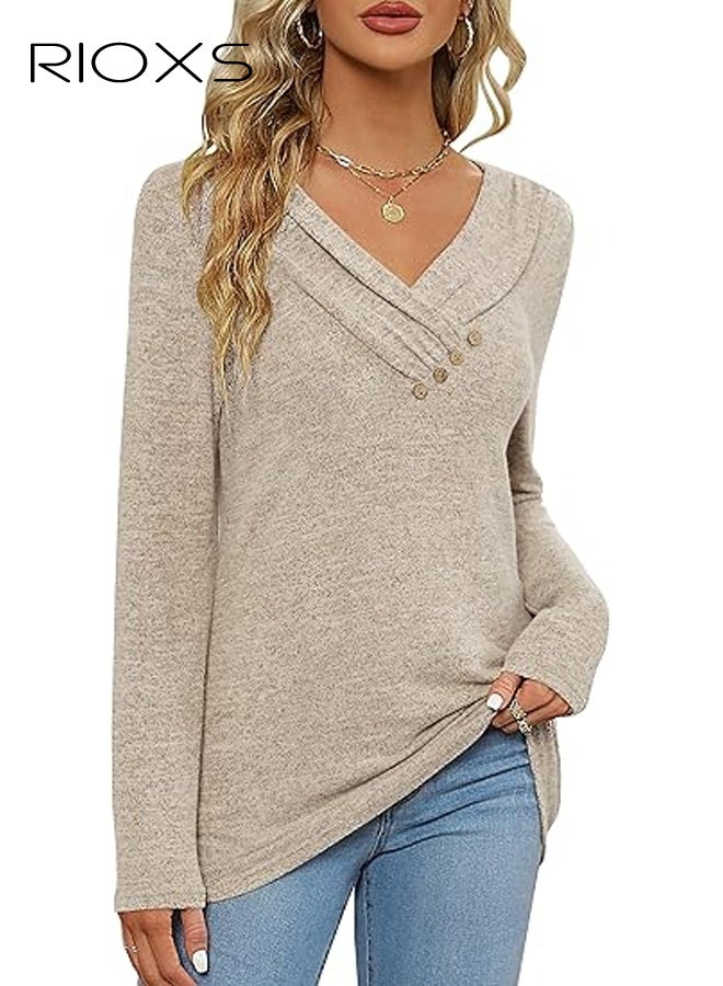 ريوكس بلوزات نسائية طويلة الأكمام برقبة على شكل V، بلوزة عصرية فضفاضة بأزرار للسيدات، بلوزة كاجوال، ملابس شتوية خفيفة ومريحة للمكتب والحفلات والمدرسة والجري والرياضة والنادي الرياضي والمزيد - Image 3