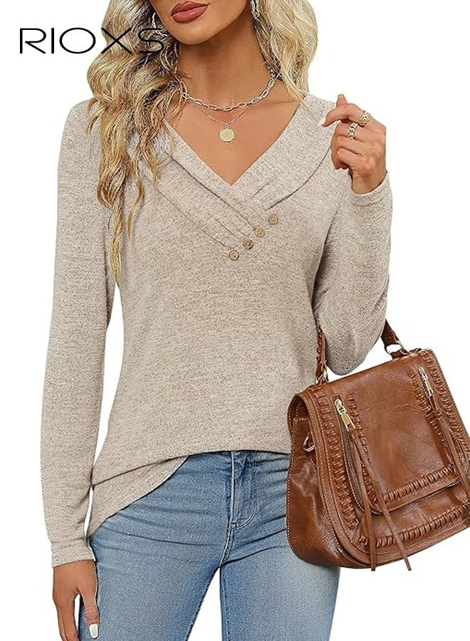 ريوكس بلوزات نسائية طويلة الأكمام برقبة على شكل V، بلوزة عصرية فضفاضة بأزرار للسيدات، بلوزة كاجوال، ملابس شتوية خفيفة ومريحة للمكتب والحفلات والمدرسة والجري والرياضة والنادي الرياضي والمزيد - Image 5