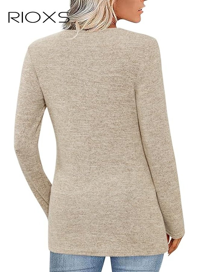 ريوكس بلوزات نسائية طويلة الأكمام برقبة على شكل V، بلوزة عصرية فضفاضة بأزرار للسيدات، بلوزة كاجوال، ملابس شتوية خفيفة ومريحة للمكتب والحفلات والمدرسة والجري والرياضة والنادي الرياضي والمزيد - Image 2