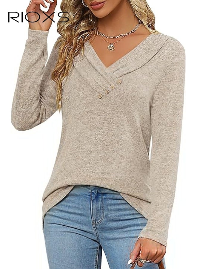 ريوكس بلوزات نسائية طويلة الأكمام برقبة على شكل V، بلوزة عصرية فضفاضة بأزرار للسيدات، بلوزة كاجوال، ملابس شتوية خفيفة ومريحة للمكتب والحفلات والمدرسة والجري والرياضة والنادي الرياضي والمزيد - Image 4