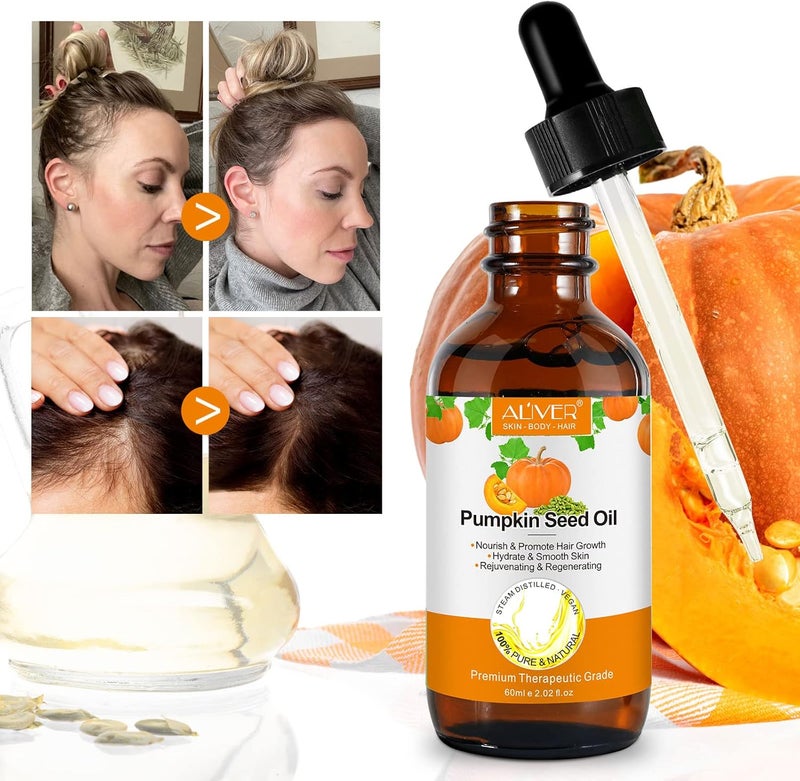 ALIVER Organic Pumpkin Seed Oil, 100% Pure Cold Pressed Pumpkin Seed Oil for Hair Growth, Boost Hair Growth for Eyelashes, Eyebrows & Dry Damaged Hair, Moisturizer Face, Hair, Body & Skin Care - Image 5