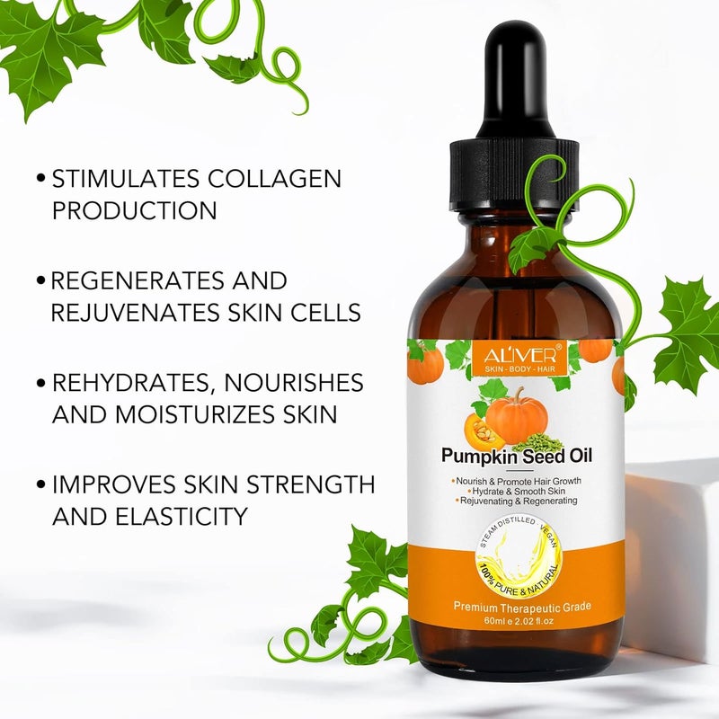 ALIVER Organic Pumpkin Seed Oil, 100% Pure Cold Pressed Pumpkin Seed Oil for Hair Growth, Boost Hair Growth for Eyelashes, Eyebrows & Dry Damaged Hair, Moisturizer Face, Hair, Body & Skin Care - Image 2