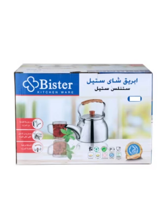 Bister Stainless Steel Leak-Proof Wide Mouth Tea Kettle with Wooden Handle Silver and Brown 2 Liter - Image 4