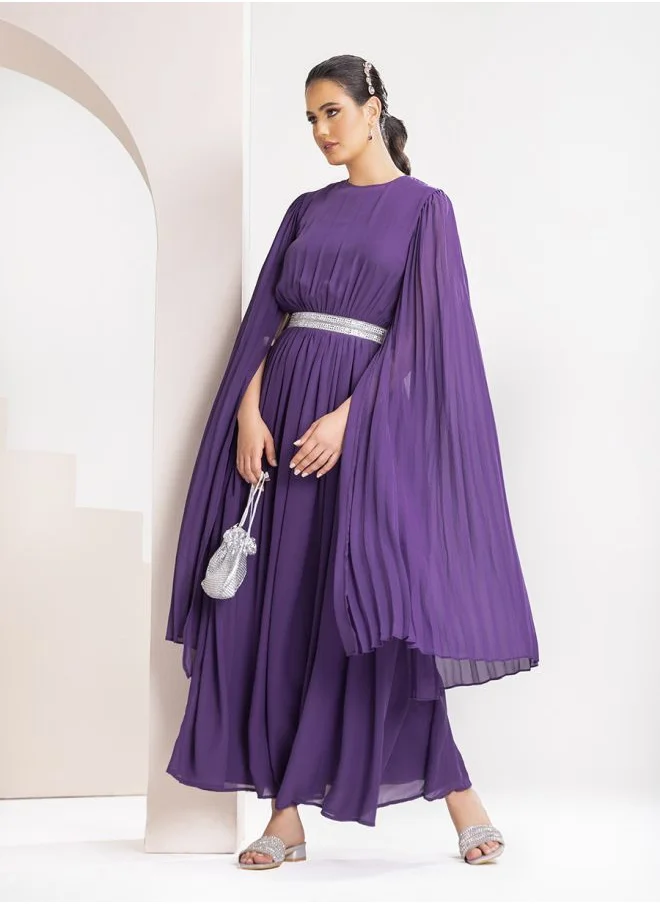 Styli Pleated Embellished Waist A-Line Maxi Dress