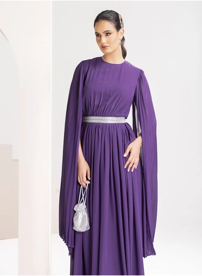 Styli Pleated Embellished Waist A-Line Maxi Dress