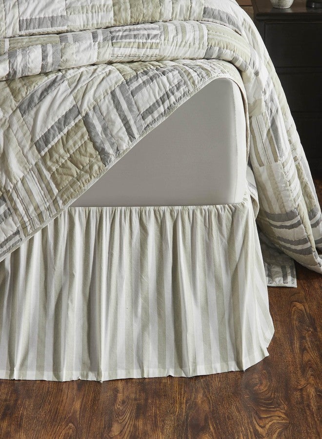 VHC Brands Finders Keepers Dust Ruffle Cover Striped Decor for Bedroom King Bed Skirt 78x80 16 Inch Drop, Soft White Khaki - Image 1