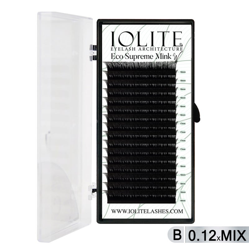 Iolite Eco Supreme Mink W Lashes B Curl – 0.12T Mix & 6mm–15mm | Pre-Fanned Volume Lash Extension Trays for Professional Lash Artists ISMWB12T