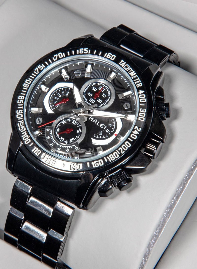 هالي العربية: ساعة هالي Harley للرجال رياضية - مقاومة للماء 50 متر، مضادة للصدمات، علبة سبيكة، سوار فولاذي، إبزيم مخفي، quadrant أسود 43 ملم - Image 1
