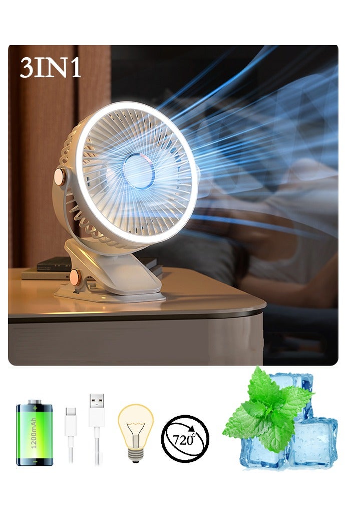 3 IN 1 Table Fan Portable Clip Fan,Personal Air Circulator,Super Quiet Motor Desk Fan with 1200mAh Battery/5 Speed Settings/720° Static Rotating Feature/Night Light and Precision Plastic,Wall Mounted Fan,Type C Rechargeable Mini Desktop Fan For Camping Car Home Bedroom Office Strollers  - Image 1