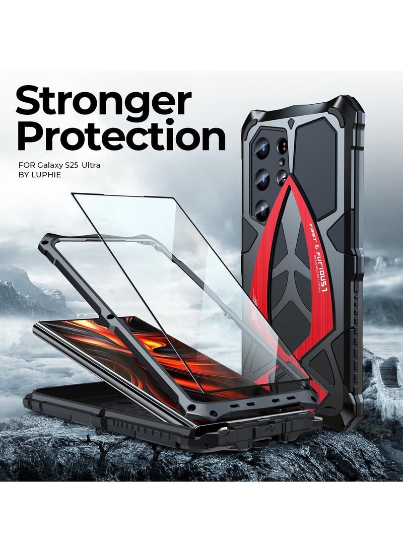 Aookay - [1+1] Metal Case for Samsung Galaxy S25 Ultra Case, with 1 Tempered Glass Screen Protector, Mil-Aluminum Metal Shockproof Case Full Body Protection Heavy Duty Armor Hard Cover (Red) - Image 1