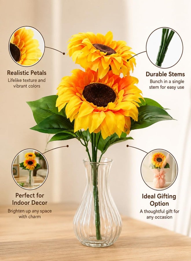 Rotation Artificial Big Sunflower Bouquet 2 Heads Yellow Fake Flower Bunch 30 cm Decorative Floral Stem for Home Office Wedding Party DIY Decoration (Without Vase) - Image 5