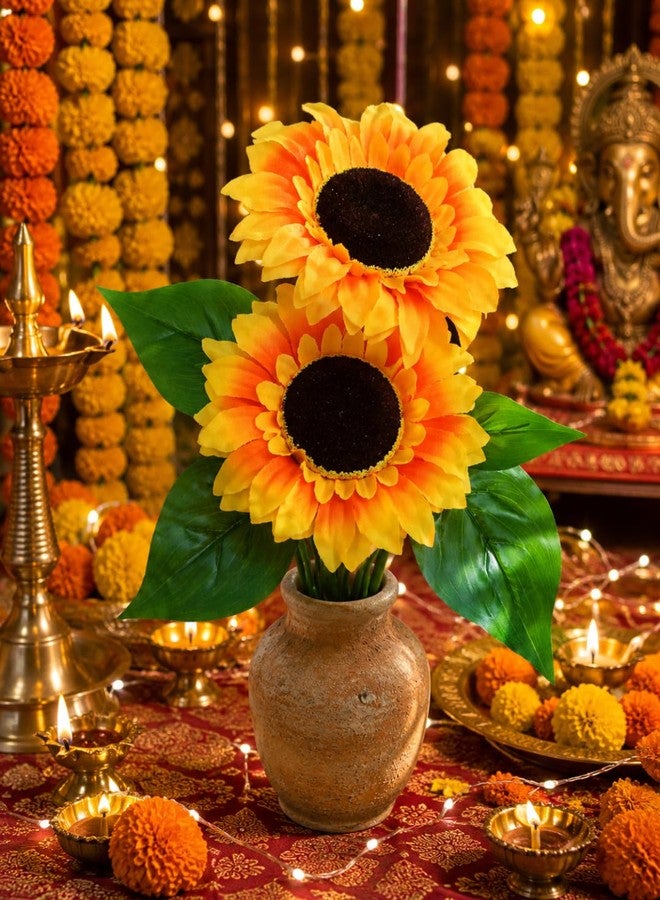 Rotation Artificial Big Sunflower Bouquet 2 Heads Yellow Fake Flower Bunch 30 cm Decorative Floral Stem for Home Office Wedding Party DIY Decoration (Without Vase) - Image 4