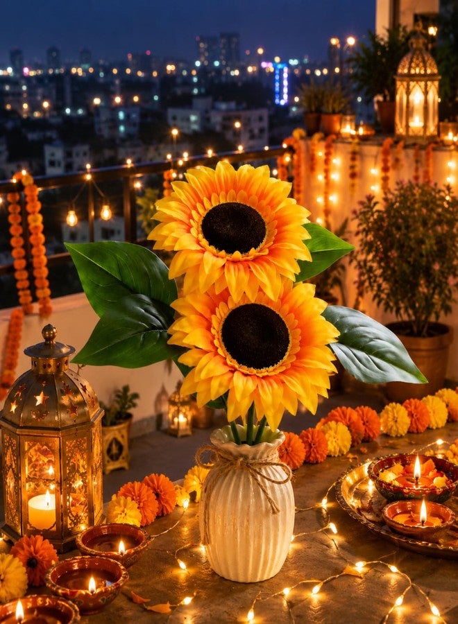 Rotation Artificial Big Sunflower Bouquet 2 Heads Yellow Fake Flower Bunch 30 cm Decorative Floral Stem for Home Office Wedding Party DIY Decoration (Without Vase) - Image 2