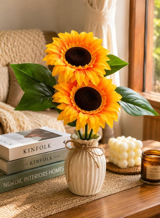 Rotation Artificial Big Sunflower Bouquet 2 Heads Yellow Fake Flower Bunch 30 cm Decorative Floral Stem for Home Office Wedding Party DIY Decoration (Without Vase) - Image 1