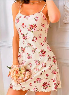 QUALITY Women's Floral Print Casual Frill Trim Sleepwear Dress, Round Neck Backless Midi Slip Dress, Comfortable Nightgown (Large)  - Image 1