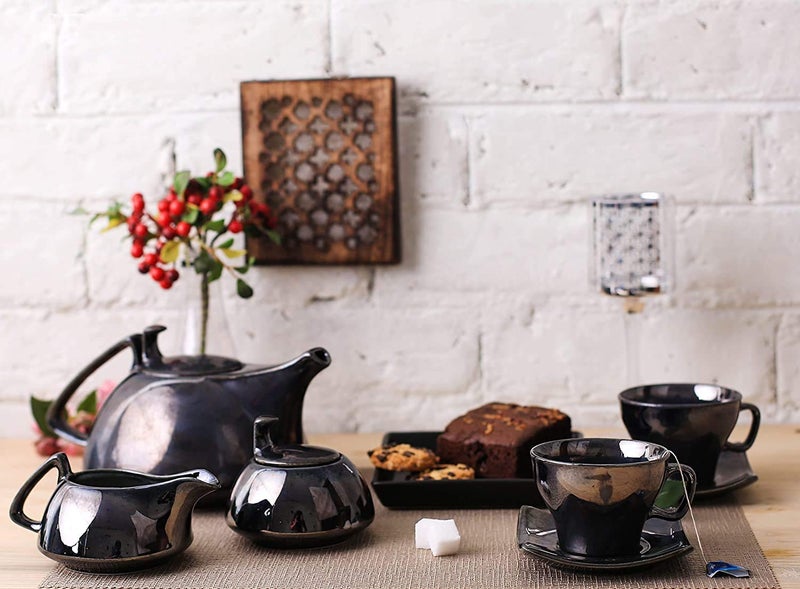 Caffeine Ceramic Handmade Tea Set with Kettle Black Ferrous Printed Tea Sets Set of 15 pcs which Contains Kettle Sugar and Milk Container and Cups - Image 1