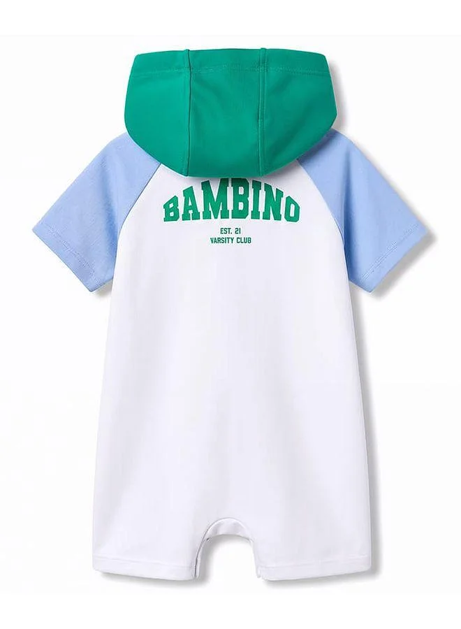Bonfino Bonfino 100% Cotton Color Block Raglan Half Sleeves Hooded Romper - White