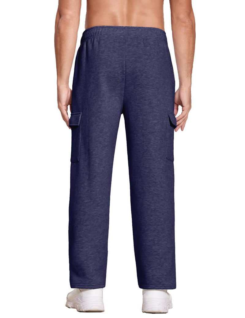 Deyeek Men's Fleece Cargo Sweatpants Open Bottom Cotton Sweat Pants for Men Thick Jogger Sweatpants Lounge Pants with Pockets Navy Blue - Image 2