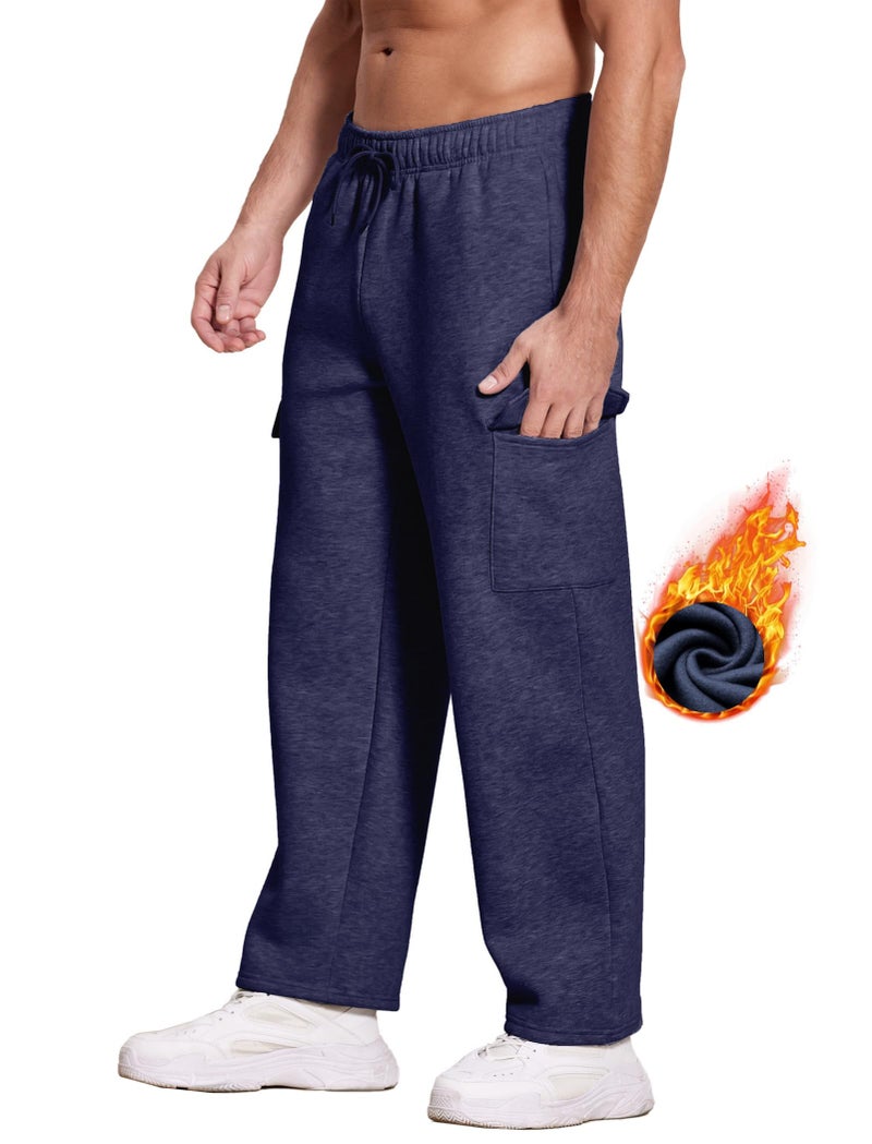 Deyeek Men's Fleece Cargo Sweatpants Open Bottom Cotton Sweat Pants for Men Thick Jogger Sweatpants Lounge Pants with Pockets Navy Blue - Image 5