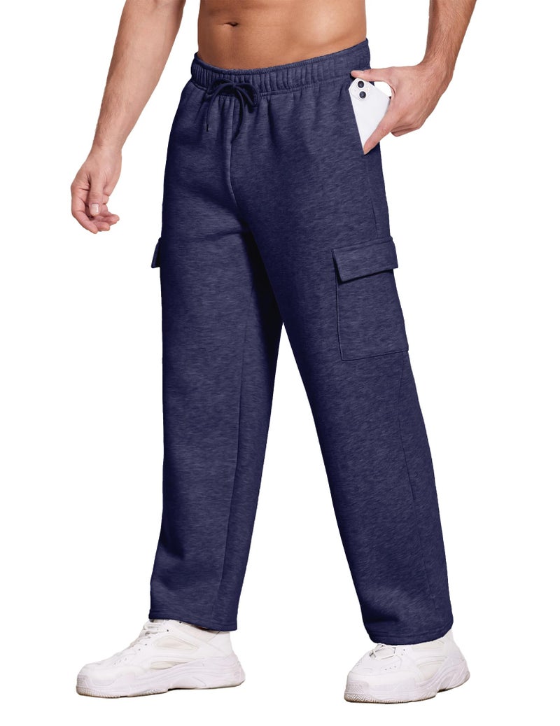 Deyeek Men's Fleece Cargo Sweatpants Open Bottom Cotton Sweat Pants for Men Thick Jogger Sweatpants Lounge Pants with Pockets Navy Blue - Image 4