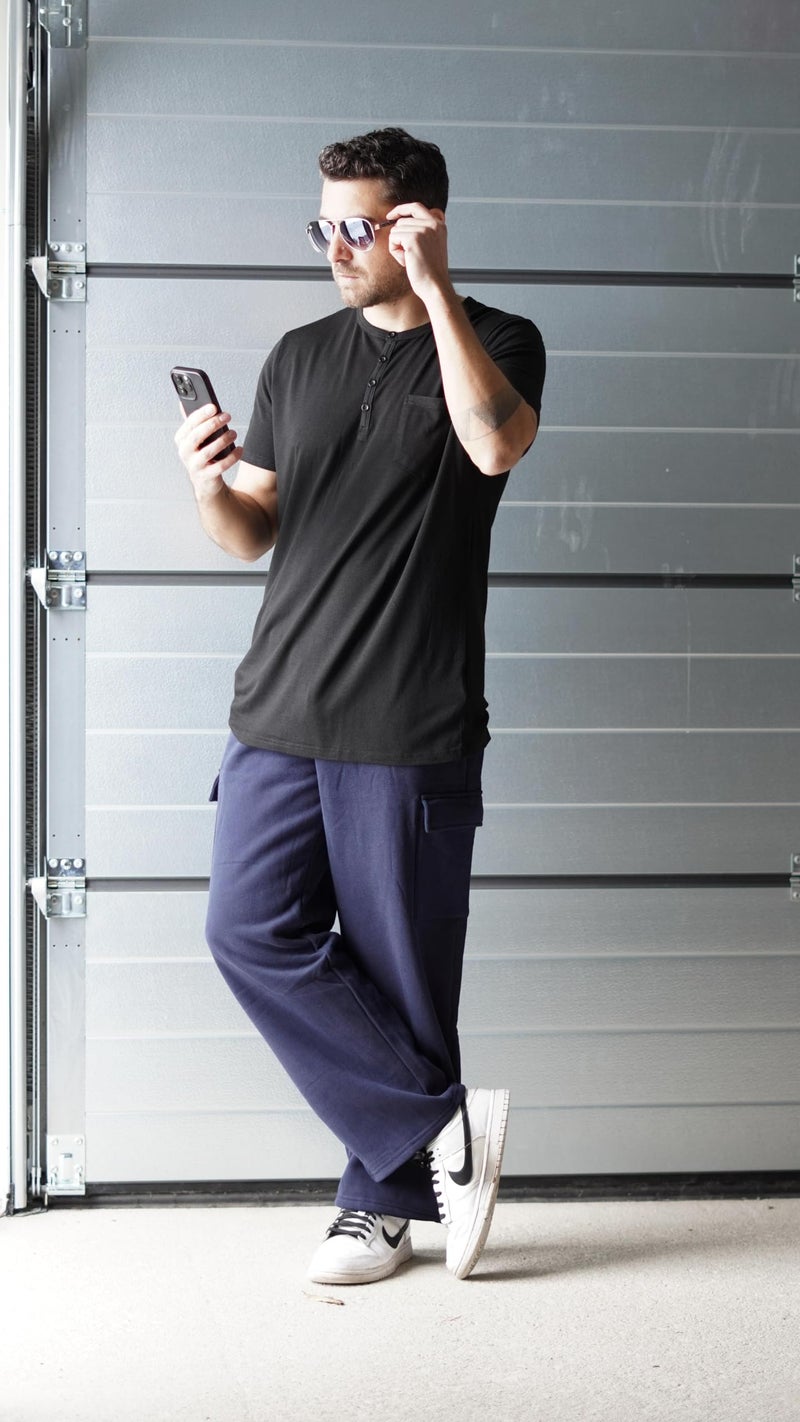 Deyeek Men's Fleece Cargo Sweatpants Open Bottom Cotton Sweat Pants for Men Thick Jogger Sweatpants Lounge Pants with Pockets Navy Blue - Image 3