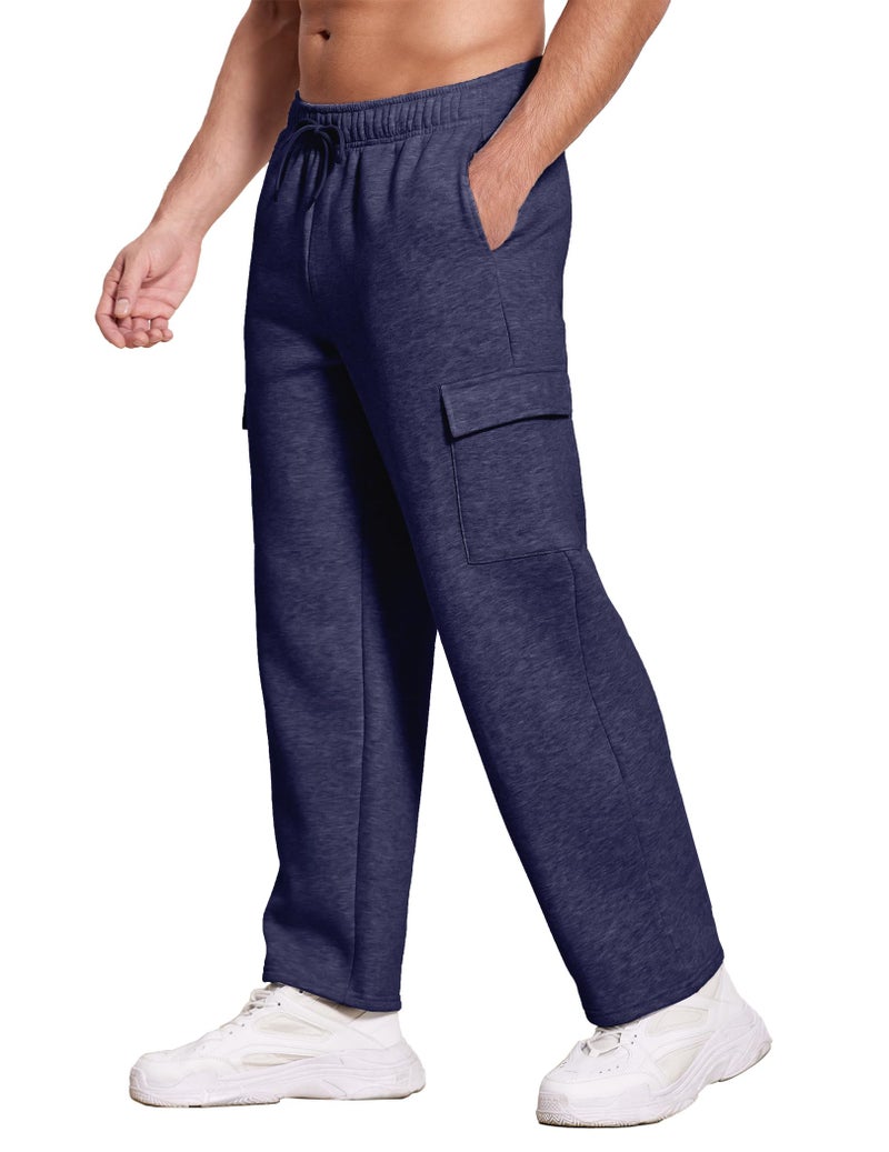 Deyeek Men's Fleece Cargo Sweatpants Open Bottom Cotton Sweat Pants for Men Thick Jogger Sweatpants Lounge Pants with Pockets Navy Blue - Image 1