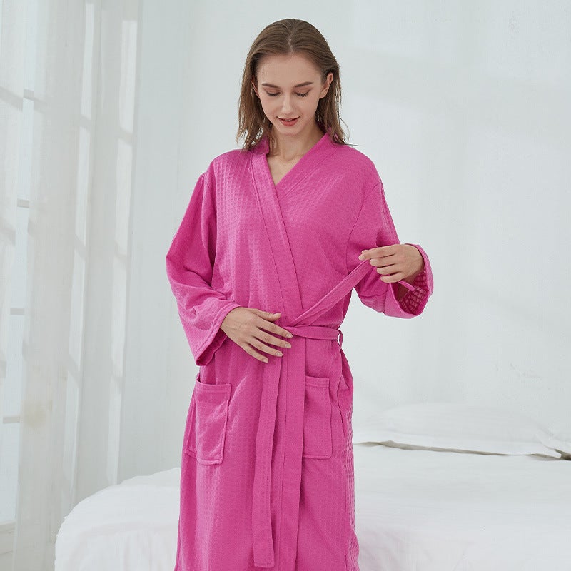 Cross-border Wafflet Nightgown Womens Summer High-end Couple Pajamas Long Nightgown Mens Thin Sweatshirt Bathrobe Women Rose red waffle (unisex)