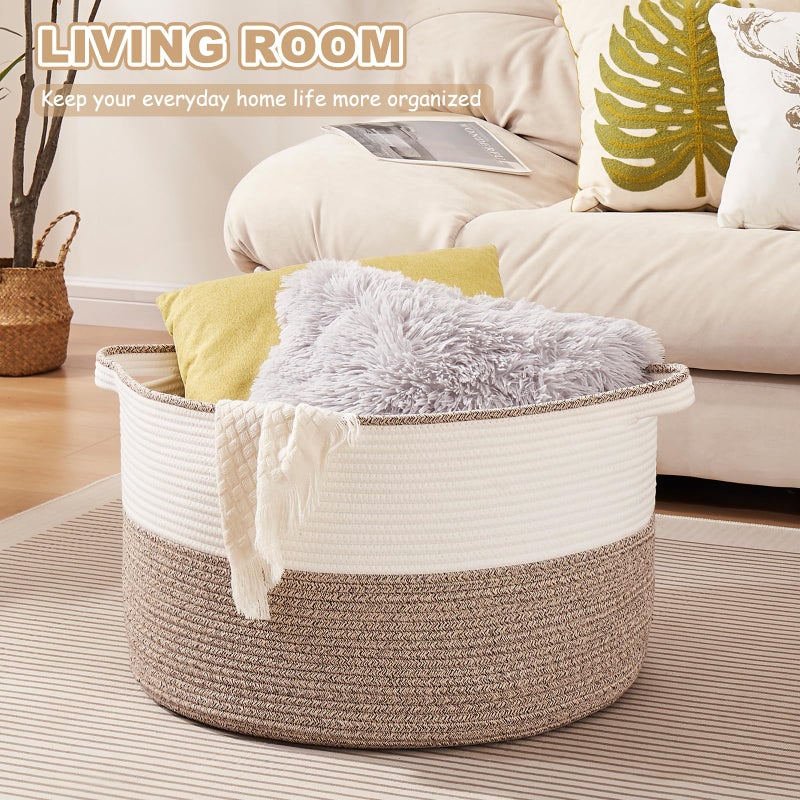 OIASKET Large Blanket Basket with Handles, 22.8" x 22.8" x 13" Woven Storage Basket for Living Room, Cotton Rope Baby Toy Storage for Clothes, Pillows, Towels-Brown & White - Image 4
