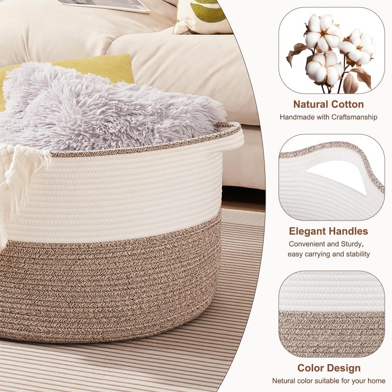 OIASKET Large Blanket Basket with Handles, 22.8" x 22.8" x 13" Woven Storage Basket for Living Room, Cotton Rope Baby Toy Storage for Clothes, Pillows, Towels-Brown & White - Image 3