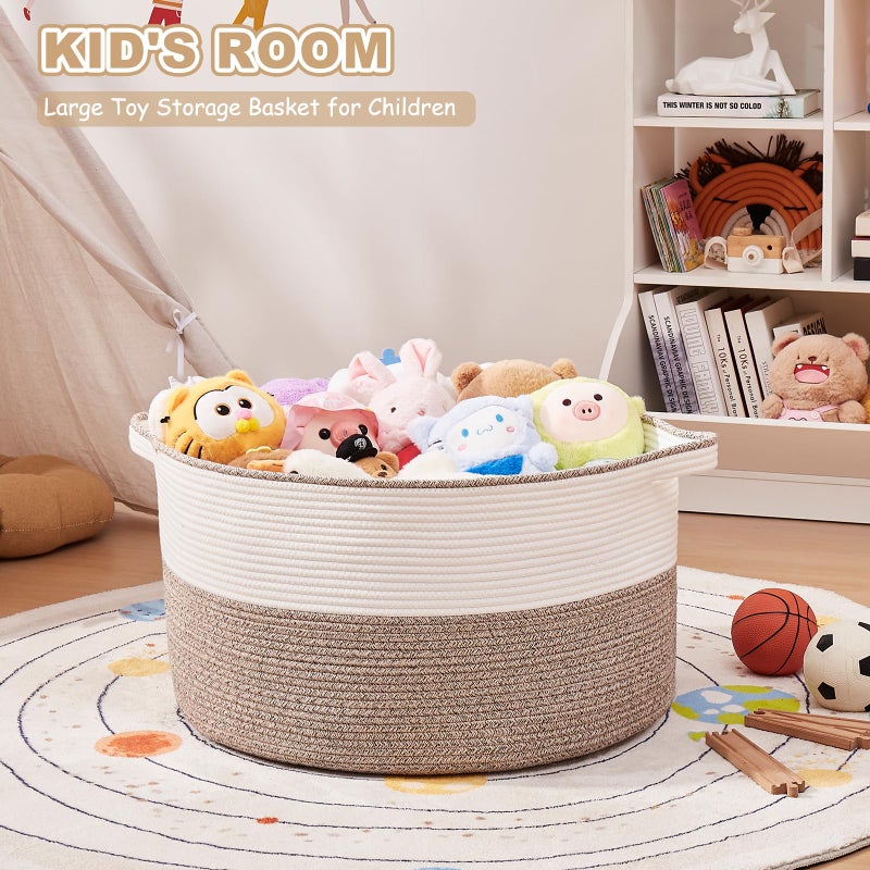 OIASKET Large Blanket Basket with Handles, 22.8" x 22.8" x 13" Woven Storage Basket for Living Room, Cotton Rope Baby Toy Storage for Clothes, Pillows, Towels-Brown & White - Image 5