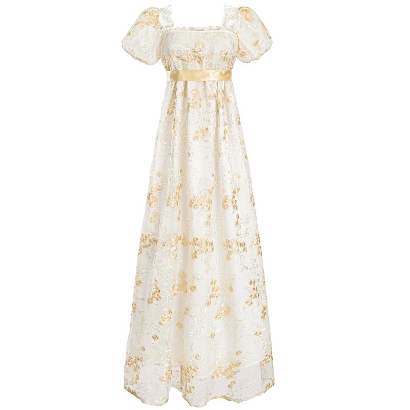 FCCAM Regency Dresses for Women Puffy Sleeves Victorian Dress Costume Empire Waist Regency Ball Gown Light Yellow L