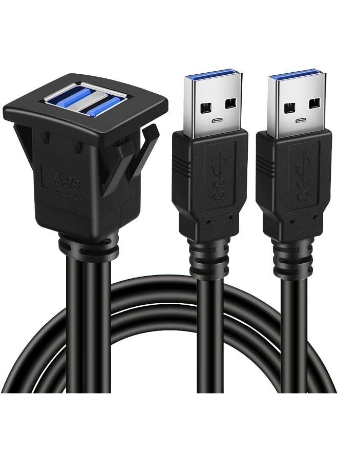 BATIGE Dual Ports Square USB 3.0 Panel Flush Mount Extension Cable with Buckle for Car Truck Boat Motorcycle Dashboard-3ft - Image 1