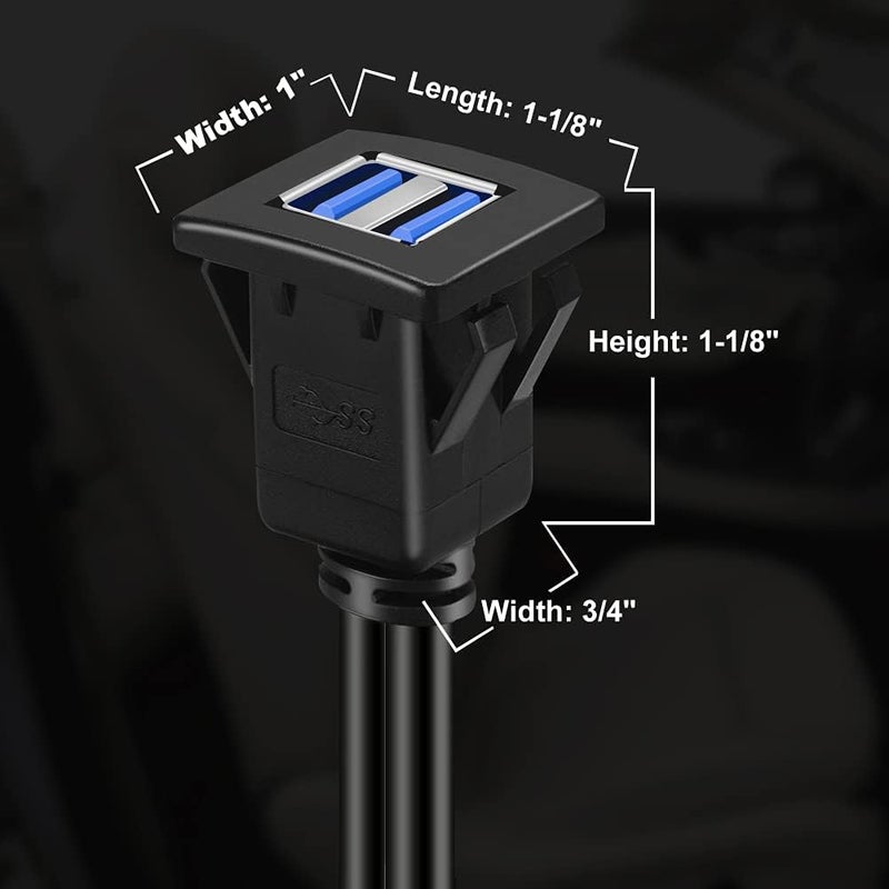 BATIGE Dual Ports Square USB 3.0 Panel Flush Mount Extension Cable with Buckle for Car Truck Boat Motorcycle Dashboard-3ft - Image 5