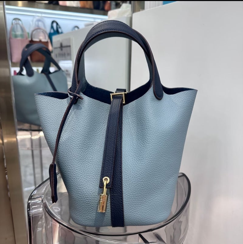 High Texture First Layer Cowhide Vegetable Basket Small Bucket Bag Casual All-Match Litchi Pattern Portable Shoulder Bag - Image 4