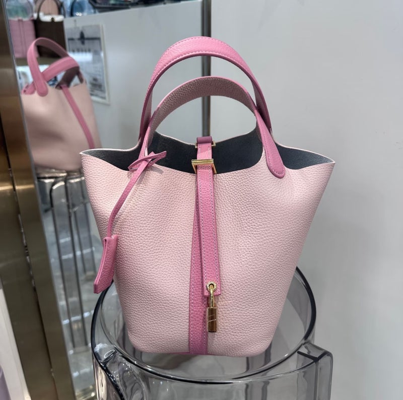High Texture First Layer Cowhide Vegetable Basket Small Bucket Bag Casual All-Match Litchi Pattern Portable Shoulder Bag - Image 3